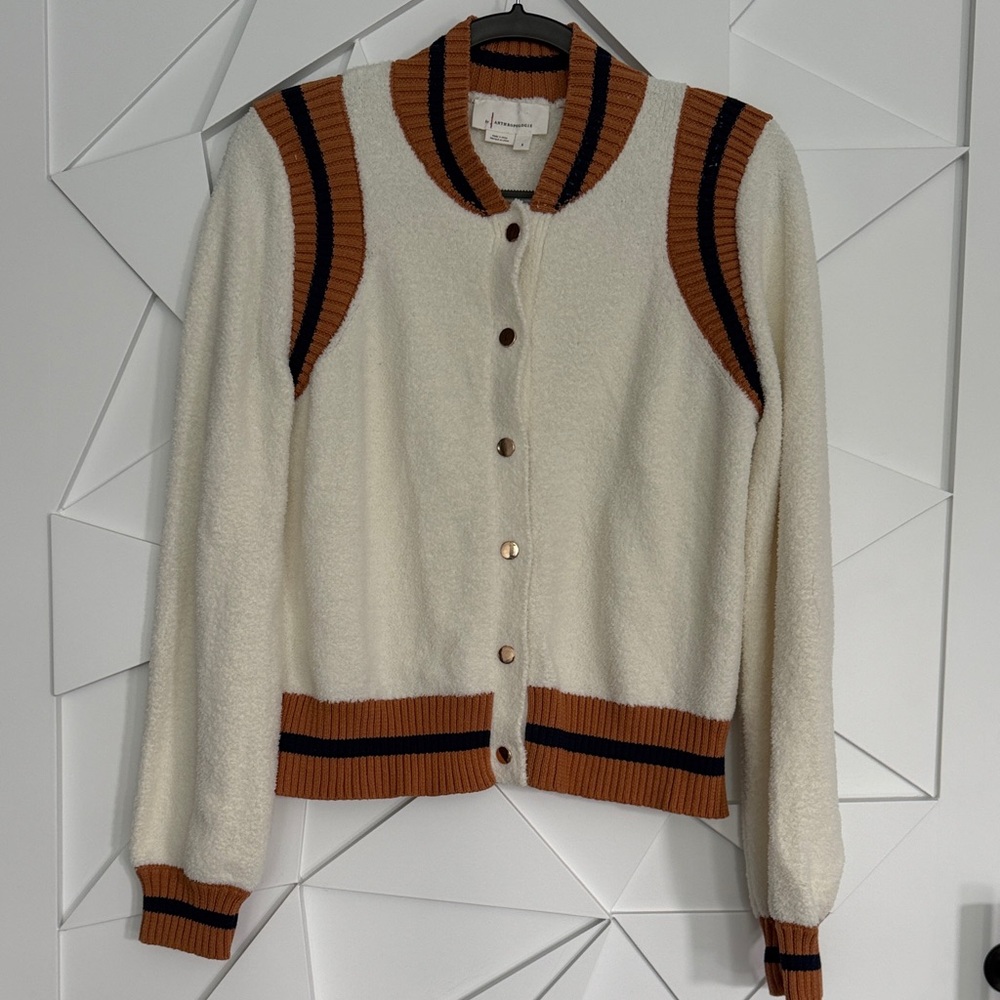 Anthropologie Cream Bomber Jacket with Tan & Black Trim